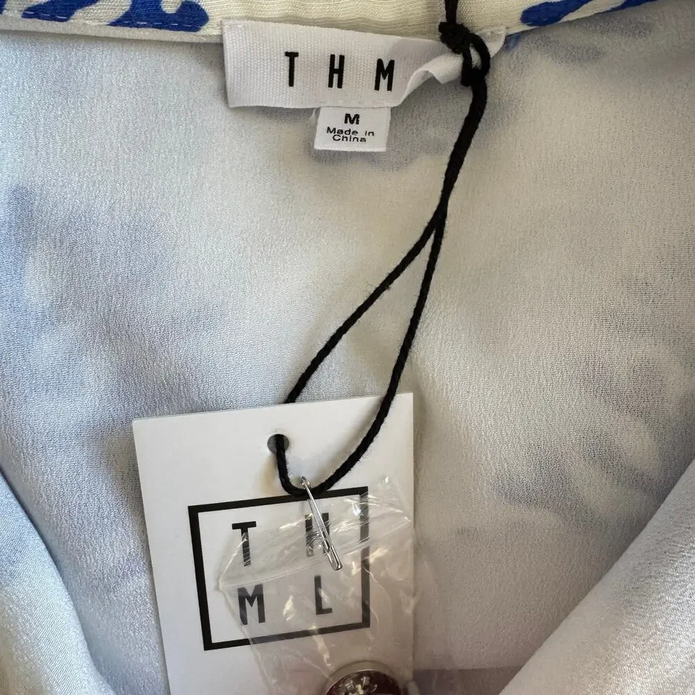 THML White Blue Coral Print Sleeveless Pleated Buttom Mini Dress Pink Trim NWT-M - Picture 4 of 10